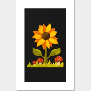 Sunflower in the grass along with some amanita mushrooms. Textured Illustration. Posters and Art